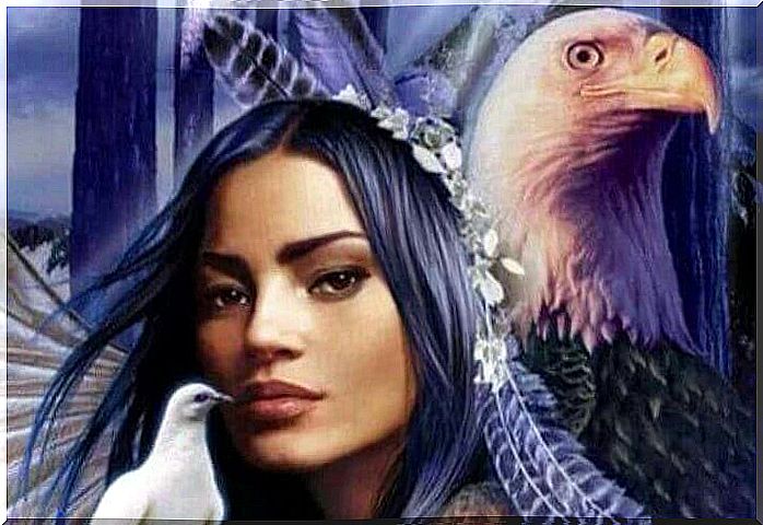 native american woman with eagle