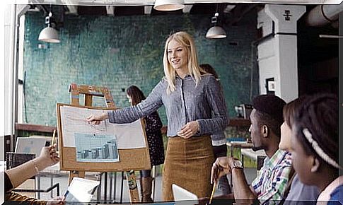 Woman making presentation and reflecting high self esteem