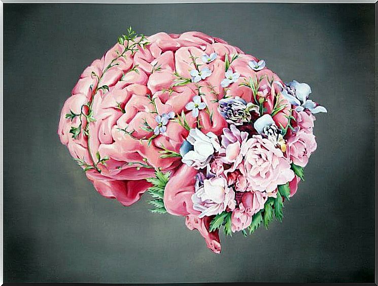 Pink brain with flowers symbolizing the brain of gifted children